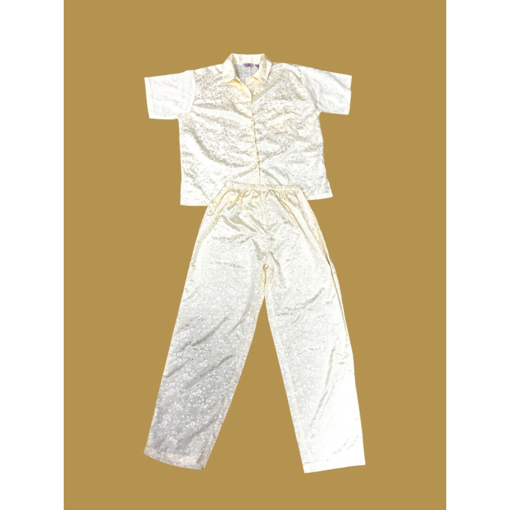 Cool Clothing Pajama Set Large Short Sleeve Shirt Pants Cream satin